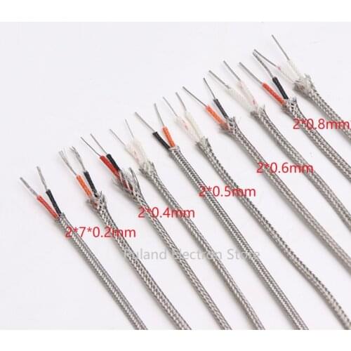 KX Type 2Core x 0.6mm Thermocouple Wire Stainless Steel Shield Fiber Braid Insulated High Temperature Sensor Compensation Cable