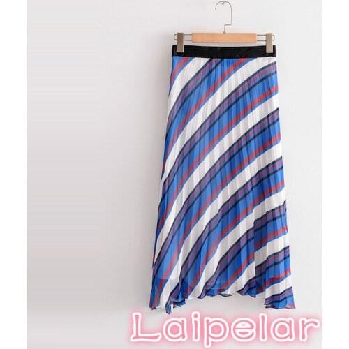 Summer Vintage striped pleated skirt women casual high waist long skirt korean fashion boho beach party zipper retro skirt