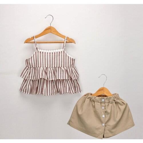 Ma&Baby 1-6Y Summer Kids Girls Clothes Sets Children Clothing Sleeveless Ruffles Striped Vest Tops Button Shorts 2pcs DD43