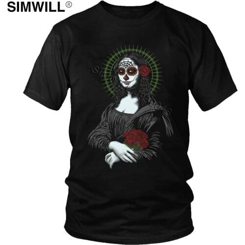 Muerte De Mona Lisa T-Shirt Men Cotton Santa Muerte Lady of Holy Death Tee Short Sleeves Leisure T Shirt Oversize Skull Tops