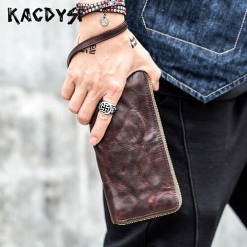 Nature Cow Leather Handmade Retro Mens Wallet Wristles Zipper Long Luxury Cash Purse Quality Man Bifold Card Holder Carteira New