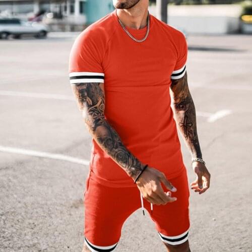 Fashion Sports Solid Color Sleeve Bar Short Sleeve Suit 2021 Summer Sports Slim Mens Suit Shorts 2-piece Suit S-3XL