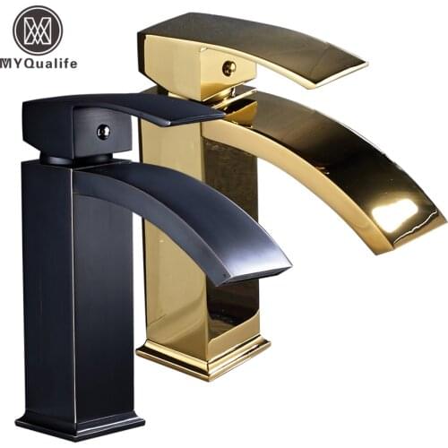 Deck Mounted Square Waterfall Bathroom Vanity Sink Faucet Single Lever Brass Golden/black Basin Mixer Water Taps
