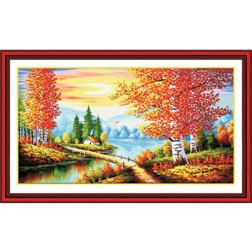 DIY Cross Stitch Kit, Needlework,Sets For Embroidery Full Cross-Stitching Cotton & Silk Thread Living Room Gold Landscape