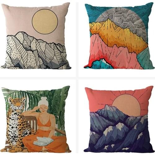Home Pillowcase Sofa Cushion Cover Linen Color Sun Mountain Bedroom Living Room Sofa Decoration