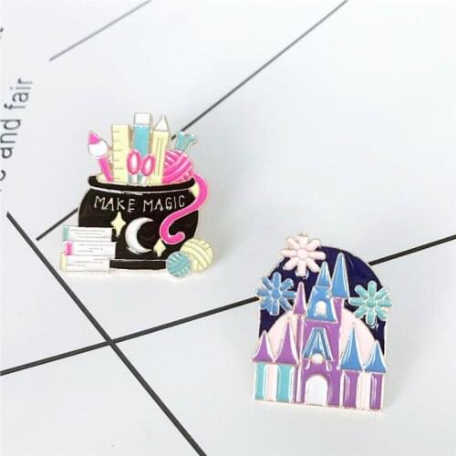 New arched castle house brooch MAKE MAGIC magic jar Pencil book ruler clarinet making magic children cartoon brooch gift jewelry