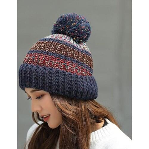 New Beanie Hat Women Autumn Winter Hat Thick Warm Colorful Pompon Hat Lady Casual Knitted Hat Female Ski Skullies Beanies