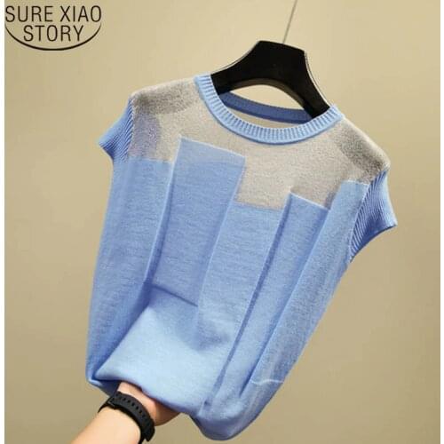 2021 Fashion New Thin Blouse Korean Patchwork Ice Silk Knitted Tops Summer Short Sleeve Women Shirt Blusas Mujer De Moda 8796 50