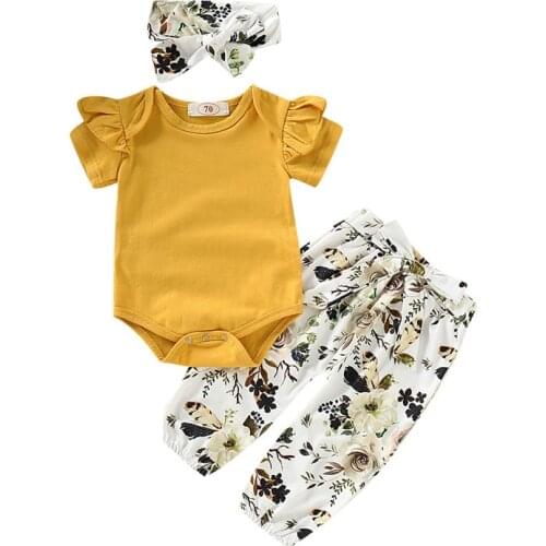 0-18M 3pcs New Newborn Baby Girls Clothes Set Solid T-Shirt Baby Tops Floral Print Long Pants Headband Baby Girl Clothes Set Kid