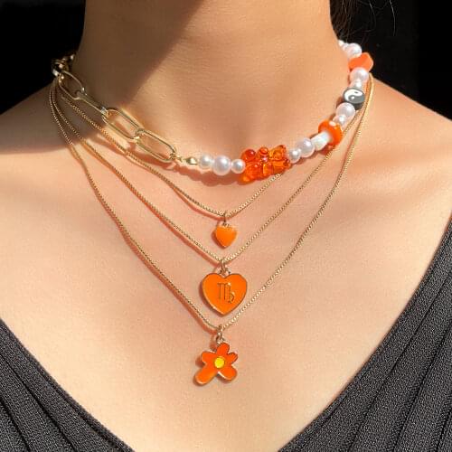 Boho Flower Asymmetry Pearl Polymer Clay Beaded Necklace For Women Fashion Handmade Rainbow Heart Beads Choker Necklaces Jewelry