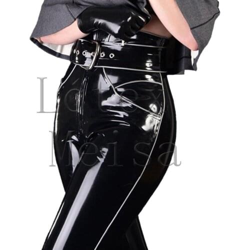 0.6mm thickness heavy latex trousers sexy high waist latex pants with belt in black color for women