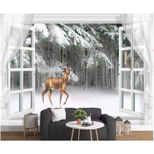 Custom photo 3d wallpaperSnow scene elk outside the window Home decor background wall 3d wall murals wallpaper for walls 3 d