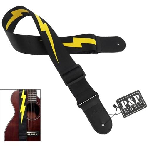 Adjustable Durable Guitar Strap Yellow Lightning Pattern with Genuine Leather Head for Acoustic Electric Bass Guitar