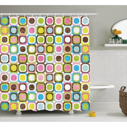 Retro Shower Curtain Abstract Grunge with Geometric Cubes Inner Circles Artful Graphic Bath Curtains For Bathroom Bathtub