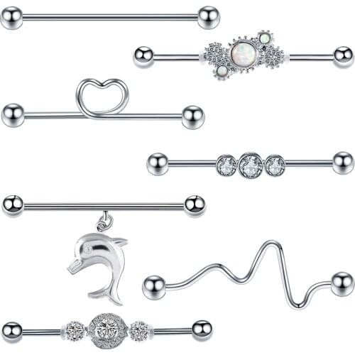 1PC Steel CZ Gem Industrial Barbell Earring Helix Piercings Long Bar Cartilage Scaffold Ear Stud Ring Piercings Body Jewelry 14G