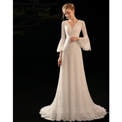 Boho Wedding Dresses Lace V-Neck Backless Flare Sleeve Elegant Bridal Gowns Plus Size Bride Dress Beach Vestido De Noiva