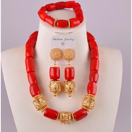 Flash red nigerian wedding coral set african coral beads jewelry set C21-38-05