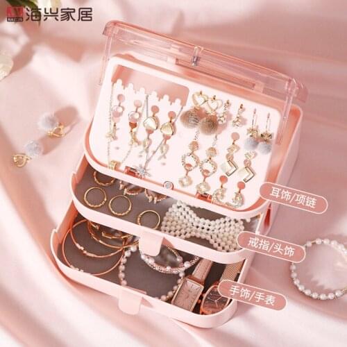 Drawer jewelry box Earrings storage box new Plastic double transparent jewelry storage box flip dust