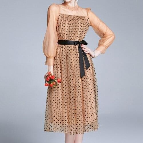 ZAWFL 2020 New Retro Mesh Gauze Dress Polka Dot Puff Sleeve High Waist Pleated Dresses Sexy See Though Lace-up Women Party Dress