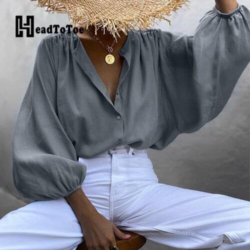 Solid Button Casual Brief Tops Woman Long Lantern Sleeve O Neck Loose Shirts Women