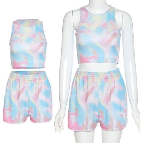 Women Tie-Dye Print Tracksuit Sleeveless Cropped Tank Top High Waist Split Slim Shorts Two Piece Outfits Set Summer Sportwear