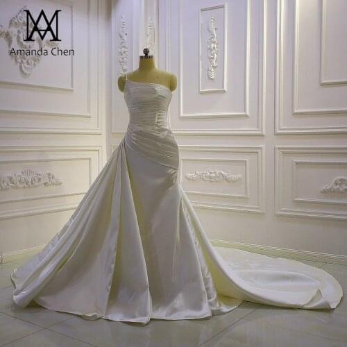 Robe de mariage femme One Shoulder Plain Pleat Satin Wedding Dress