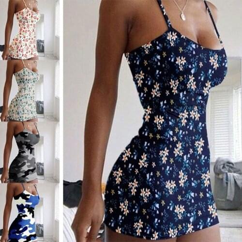 Women Summer Spaghetti Strap Sexy Bodycon Mini Sling Dress Boho Vintage Camouflage Floral Print Slim Beach Sundress 4XL