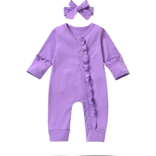 0-24M Infant Baby Girl Romper Ruffle Button Long Sleeve Purple Solid Color Jumpsuit Headband Spring Baby 2pcs