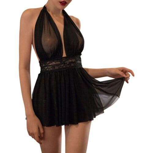 2021 New Women Sexy Lace Gauze Sleeping Dress Ladies Temptation Mesh Hanging Neck Fairy Backless Tulle Perspective Nightdress