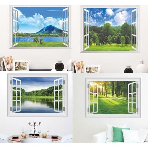 3d window forest tree lake scenery wall stickers bedroom living room decorations sticker mural poster home decor decal
