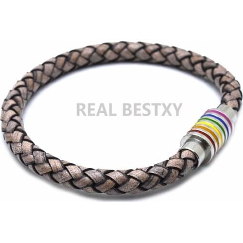 5pcs/lot Black Brown Genuine Braided Leather Bracelet Women Men Stainless Steel Gay Pride Rainbow Magnetic Charms Bracelet Gift