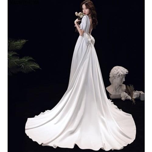 KAUNISSINA Satin Wedding Dress Pearls Collar Bownot Open Back Weddding Gowns for Bride White Romantic Bridal Dress Custom Made