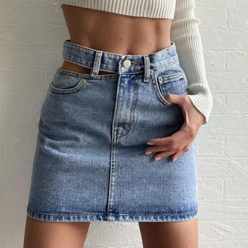 Denim Summer Women Skirt 2021 High Waist Side Hollow Out A-line Jeans Skirts Womens High Street Girls Mini Skirt
