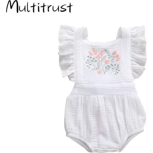 Multitrust Newborn Kids Baby Girls Clothes Summer Sleeveless Backless Floral Bodysuits Elegant Plain Casual Sunsuit Outfits