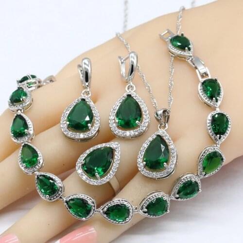 925 Silver Jewelry Sets For Women Water Drop Green Emerald Bracelet Earrings Necklace Pendant Rings Gift Box