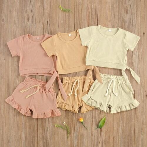 Summer Newborn Baby Girls 2-piece Outfit Suit Ribbed Short Sleeve Lace-up Tops+Shorts Clothes Set for Toddler Infant Girls