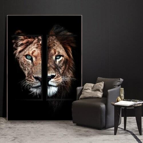 Lion Family in Dark Canvas Paintings on the Wall Art Posters and Prints Lion and Lioness Animals Art Pictures For Living Room