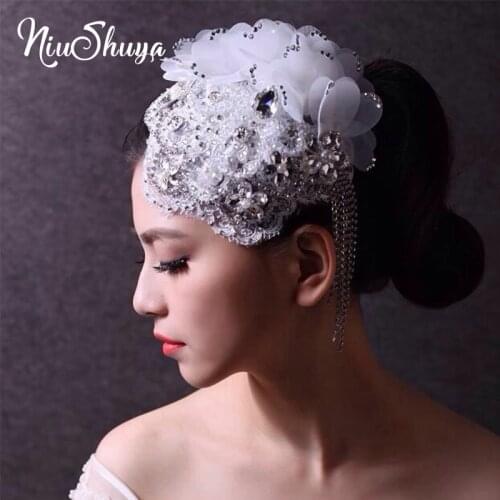 NiuShuya New Crystal Beaded Wedding Bridal Hair Accessories Tiaras Headpiece Bridal Hat Tulle Birdcage Lace Headpiece Bling