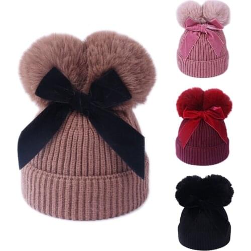 Infant Toddler Baby Ribbed Knit Woolen Beanie Hat Cute Bowknot Double Pompom Winter Thicken Lined Warm Cuffed Skull Cap