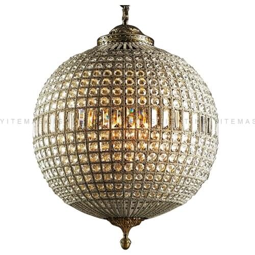 Globe luxury crystal chandelier vintage round french hanging light antique brass suspension light for living room kitchen lobby