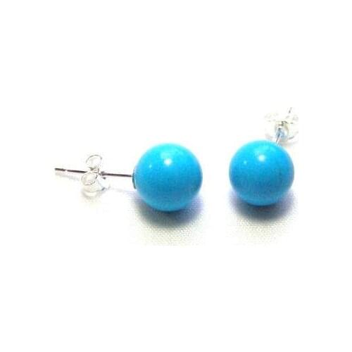 New Favorite Pearl Store Beautiful Gemstone Jewelry 8mm Blue Round Turquoise Earrings S925 Silver Stud Charming Lady Gift