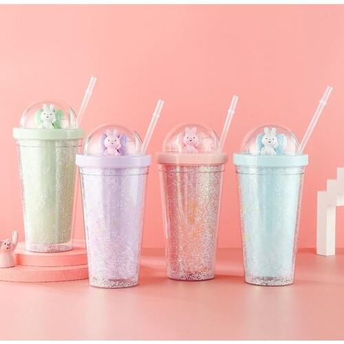 Tumbler Cups Straw Coffee Cup Creative Cute Cartoon With Shiny Powder Water Bottle with Straws Lid Plastic Reusable Drinkware