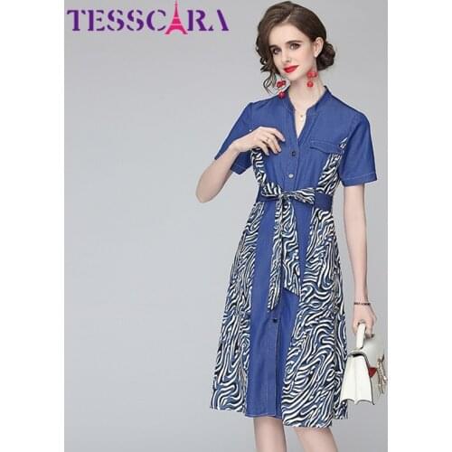 TESSCARA Women Summer Elegant Denim Dress Shirt High Quality Vintage Office Party Robe Femme Runway Designer Blue Vestidos