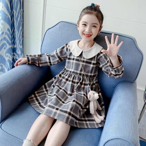Plaid With Bear Girls Dresses 2021 Summer New Peter Pan Collar Long Petal Sleeve Peincess Children Clothes 4-9T