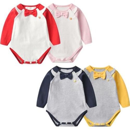 Spring Cute Infant Baby Boys Girls Printing Rompers Long Sleeve Bow Tie Rompers Autumn Newborn Baby Boys Girls Rompers Clothes