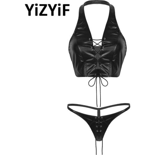 Womens Faux Leather Halter Top Two Piece Swimsuit Bikini Set Sexy Lace Up Tank Tops Mini G-String Panties Clubwear Rave Party