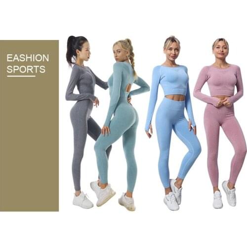 2PC Womens Sportswear Seamless Yoga Suits Gym Suits Long-sleeved Yoga Sets Clothing Gym Tops High-waisted Leggings