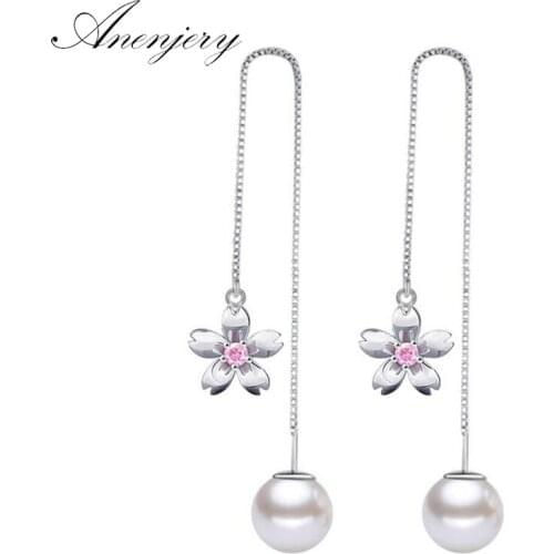ANENJERY 925 Sterling Silver Zircon Cherry Pearl Long Earrings For Women Ear Line pendientes S-E449