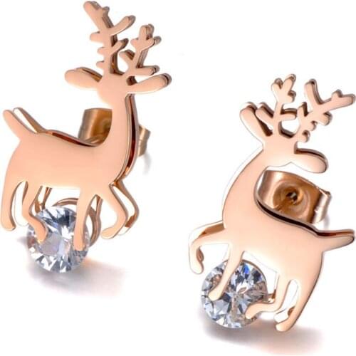Trendy Titanium Stainless Steel Reindeer Earrings Jewelry White Crystal Stud Earrings For Women Christmas Gift E20016