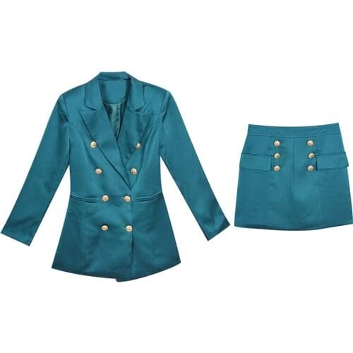 PERHAPS U Women Elegant Two-Piece Set Notched Double Breasted Long Blazer Pencil A-Line Short Skirt Slim OL Set T3038